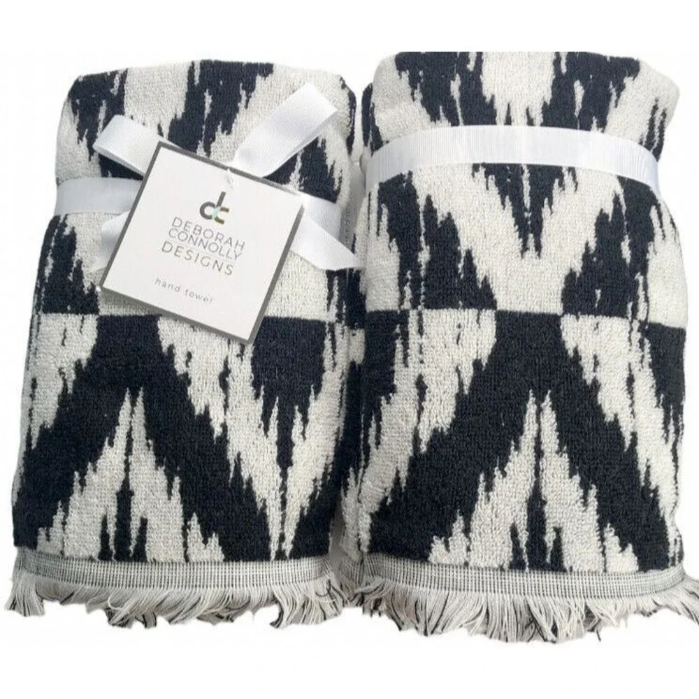 Deborah Connolly Hand Towels Bathroom Light Gray Black Fringe Abstract Set of 2